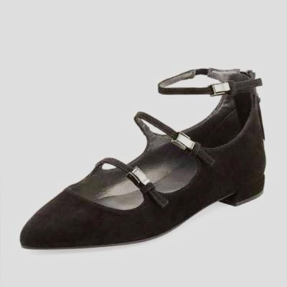Stuart Weitzman 'Flippy' Three-Strap Mary Jane Flats in Black Suede size 7.5